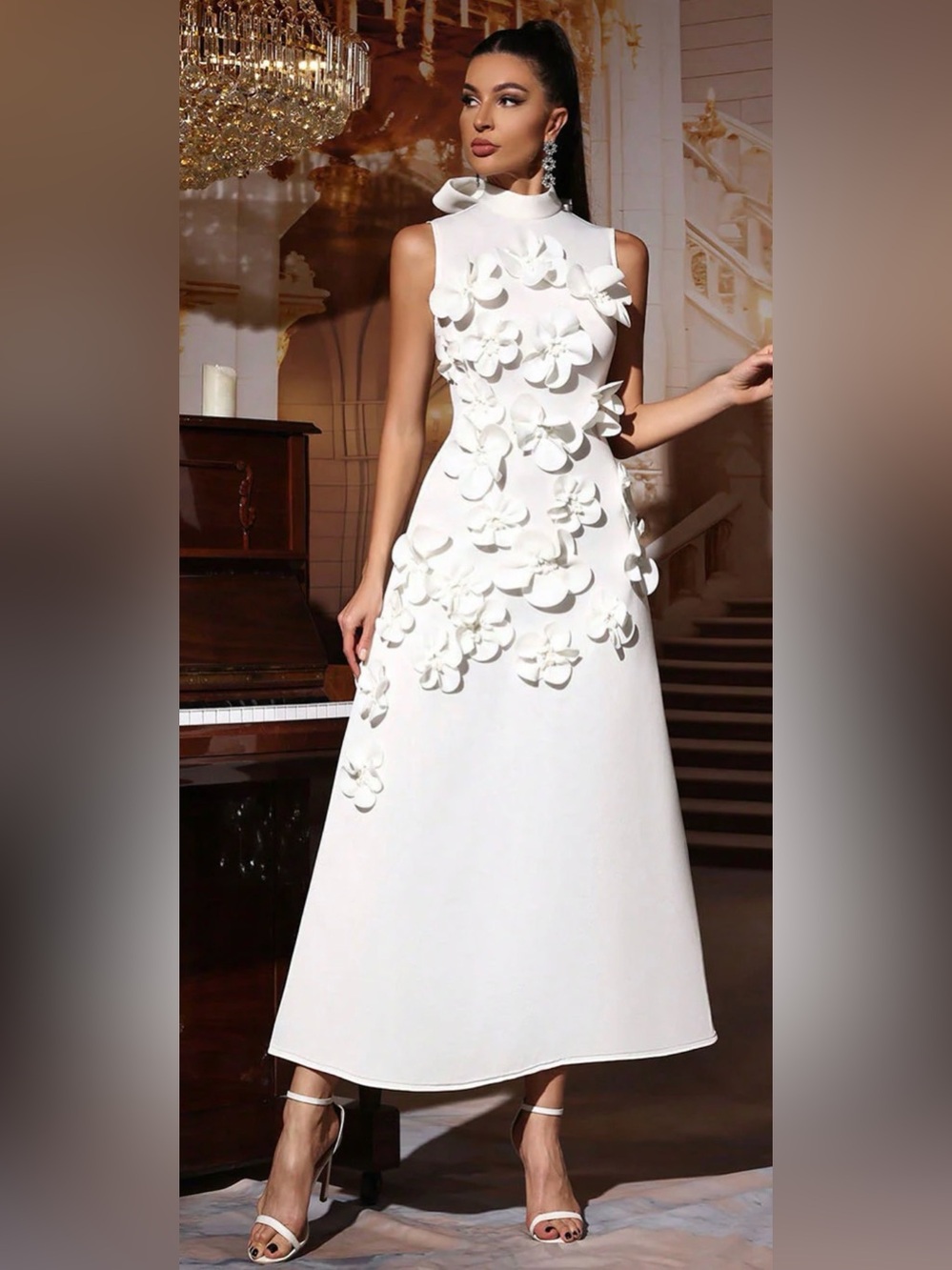 White dress with embroidered 3D flowers